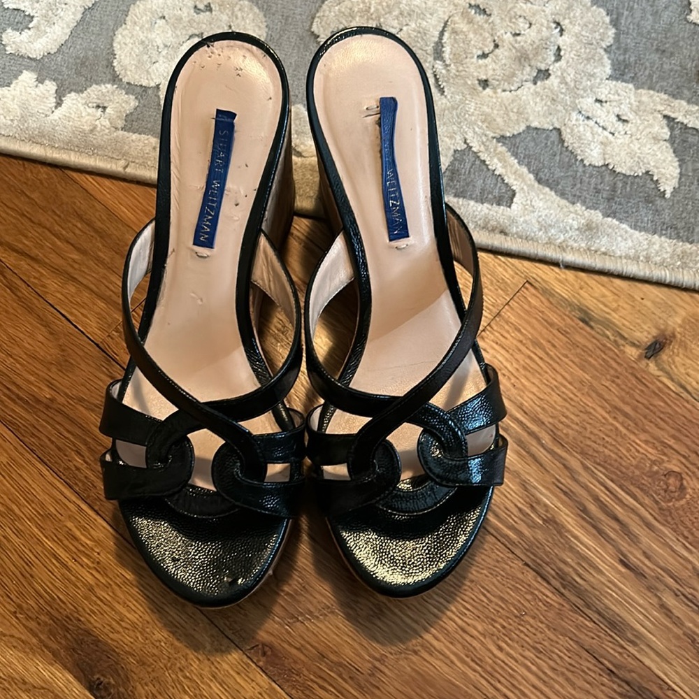 Stuart Weitzman wedges black worn once preowned but lots of love left